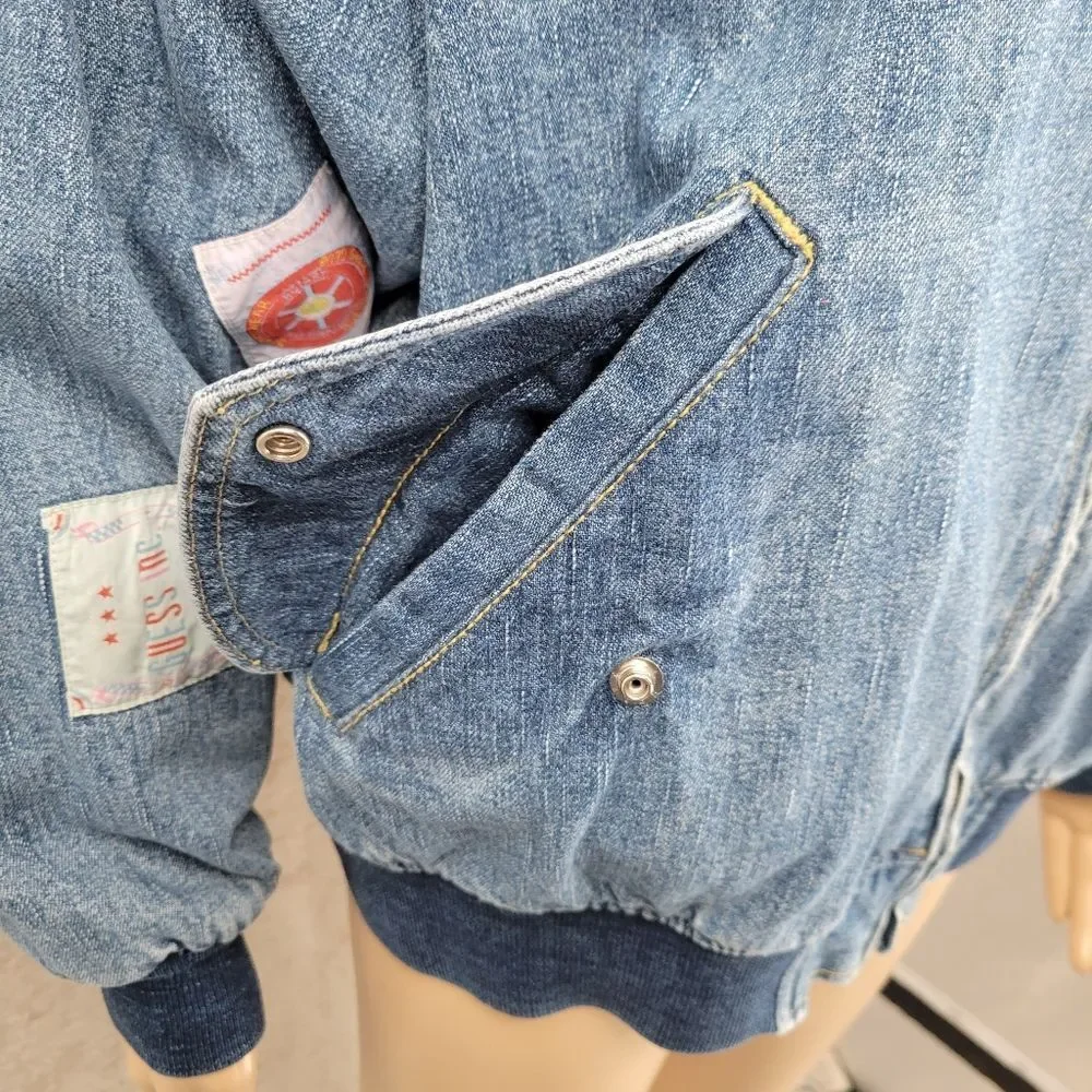 Guess Georges Marciano Vintage 80s Denim Bomber Jacket with Logo Patches RARE